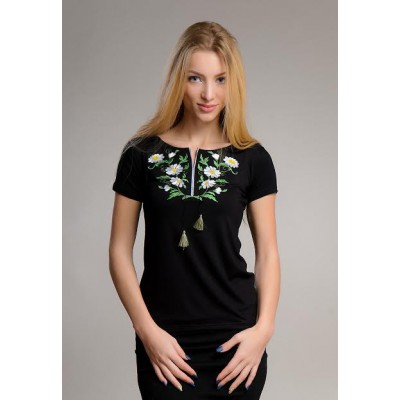 Embroidered t-shirt "Daisies" black